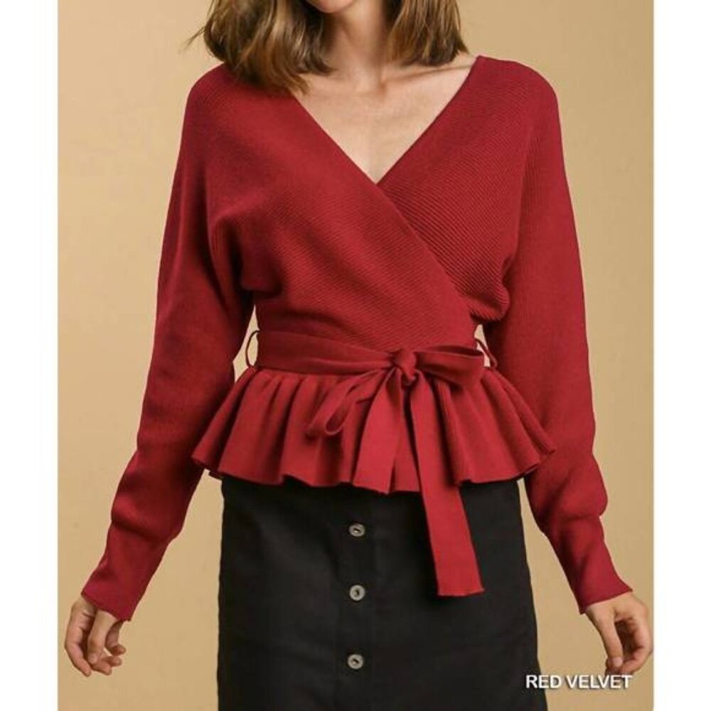 Umgee Long Sleeve Rib V-Neck Belted Babydoll Sweater In Red Velvet Size M EUC